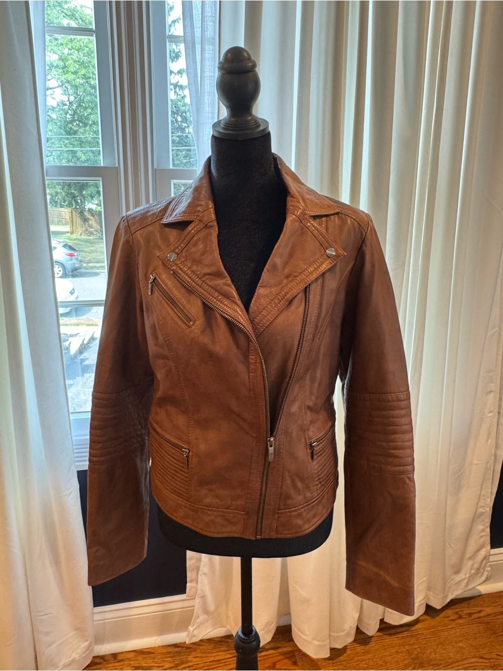Cole Haan Brown Leather Moto Jacket with Quilted Sleeve Detail